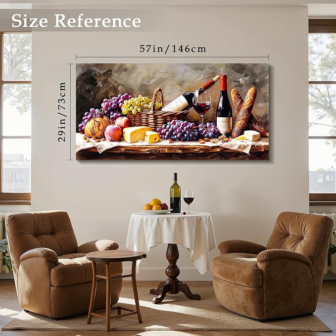 imjiayu Large Wall Art, Kitchen Wall Art, Wine Pictures Wall Decor, Framed Rustic Oil Painting Style Canvas Print, Grape Cheese Bread Still Life Wall Decor, Vintage Dining Room Home Bar Cafe Wall Art, 29"x57"