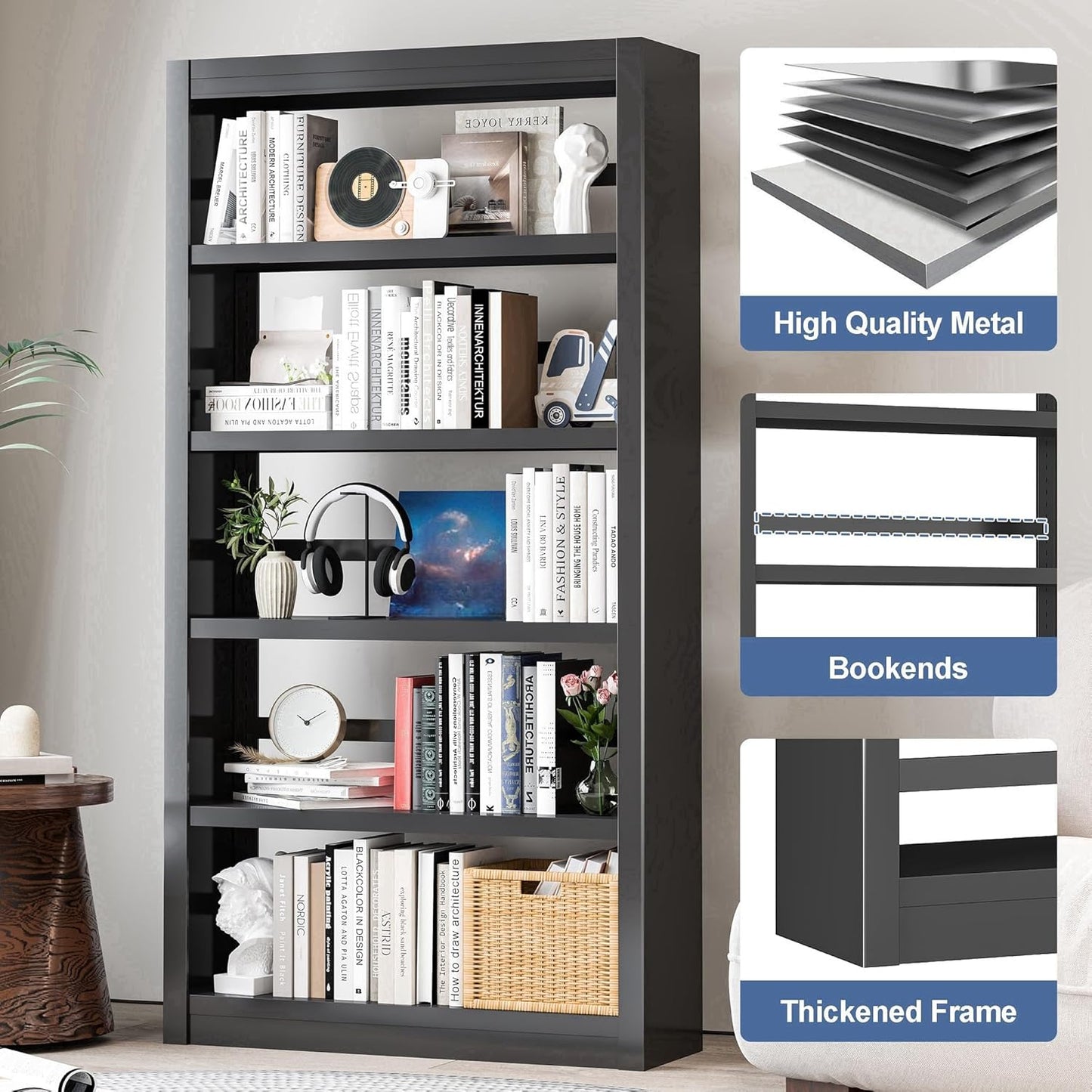 Metal Bookshelf Adjustable - 61" Tall Black Bookcase, 5 Tier Book Shelf, Tooless Assembly Book Case, Modern Bookshelves and Bookcases for Home Office, Living Room, Bedroom, Library