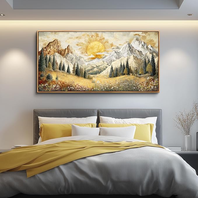 XIGUANGART Framed Large Canavs Wall Art,Mountain Wall Art,Wildflower Forest Art,Modern Farmhouse Decor,Living Room Pictures Paintings,Sunrise Artwork for Walls,Landscape Bedroom Office Decorations