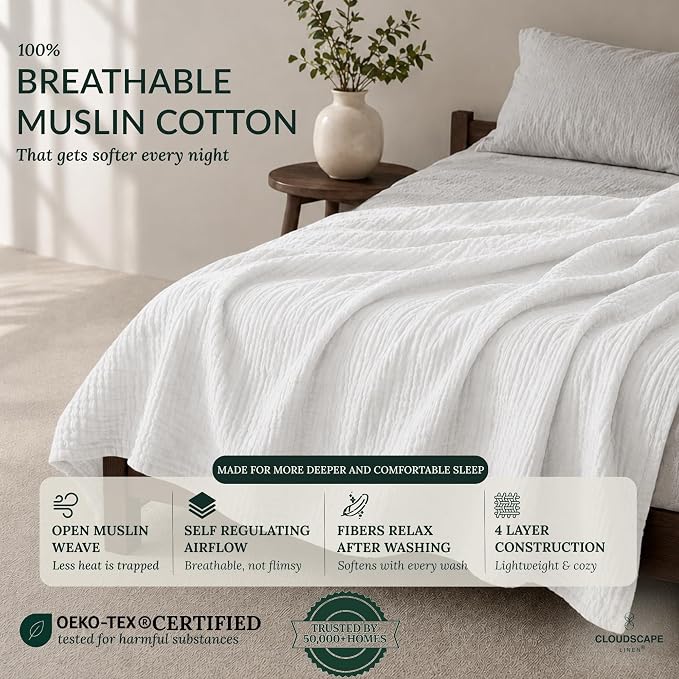 CLOUDSCAPE 4 Layer Muslin Blanket for Adults - 100% Cotton Blankets Twin Size for All-Season - 68"x92" Fits Upto TwinXL Bed - Ultra Soft Lightweight Breathable Cotton Blankets for Summer - White