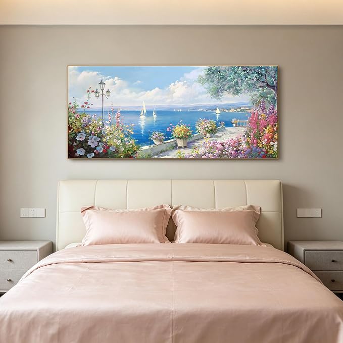 Oversized French Coastal Flower Sailboat Canvas Wall Art Framed Pastel | Mediterranean Seaside Landscape Painting Large Wide Wall Decor For Spacious Living Room Master Bedroom Open Dining Room 70x31