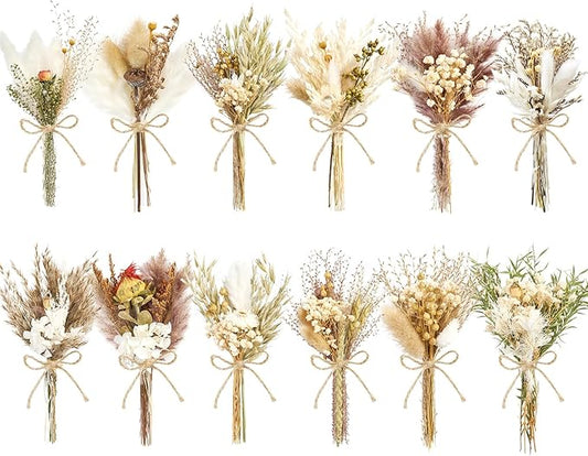 12/24PCS Handmade Dried Flower Bouquet with Stems Natural Dried Wildflowers 7.5 Inch Mini Dry Flowers for Vase Farmhouse Decor, Wedding Styling, Photography Props, Gift DIY(12pcs, Rustic)