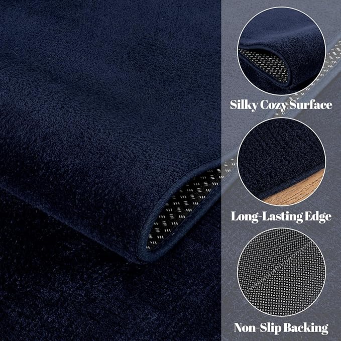 qulint Navy Blue Runner Rugs for Hallway 2x6, Modern Non Slip Washable Runner for Kitchen Soft Thickened Memory-Foam Indoor Entryway Rug, Minimalist Solid Carpet for Bedroom Laundry Home Decor