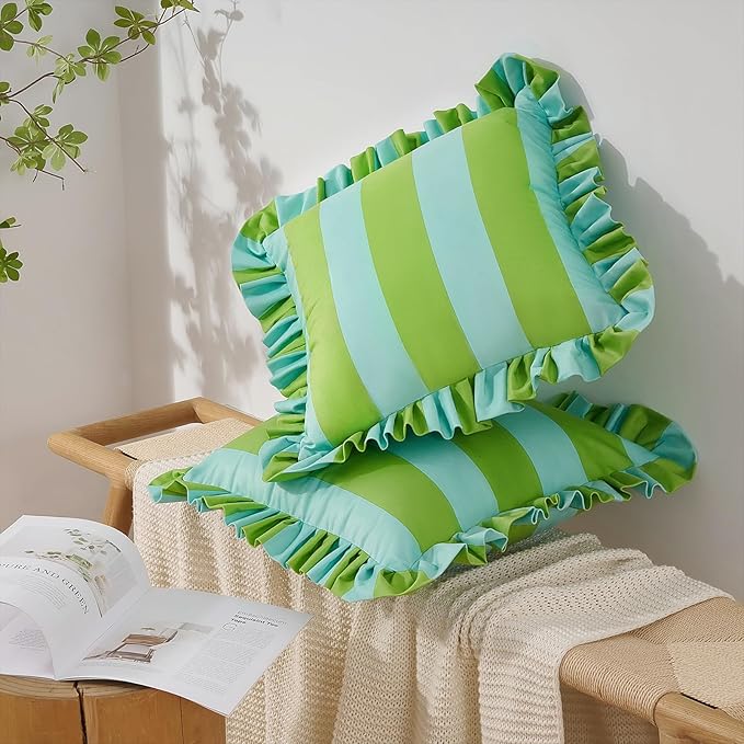 MONDAY MOOSE Decorative Throw Pillow Covers, Set of 2 Water-Resistant Striped Design with Ruffle Edge for Outdoor/Indoor Use, Pillow Inserts Not Included (22x22 inch, Light Green/Light Blue)