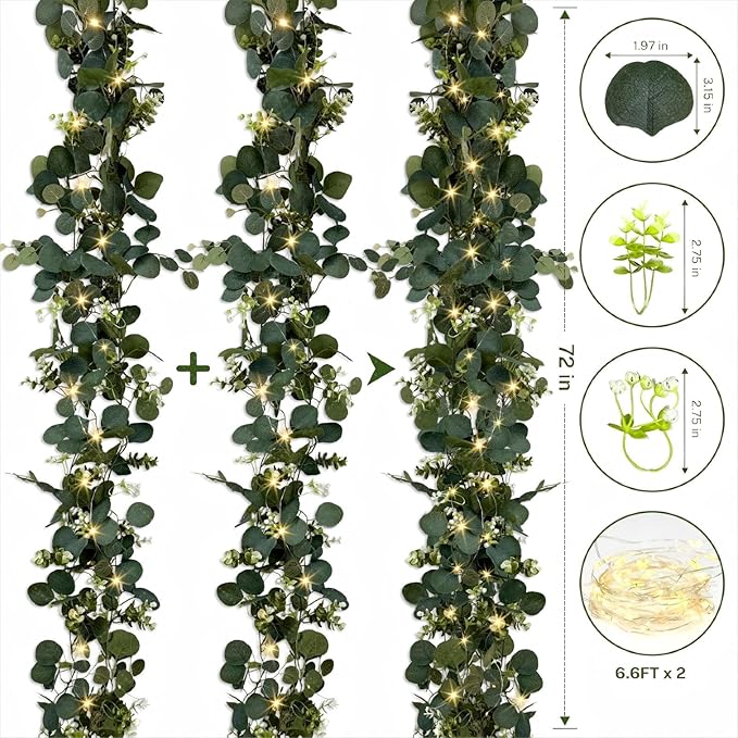 Eucalyptus Garland with Lights, 2 Packs 6FT Green Flower Garland Decor, Artificial Faux Eucalyptus Leaves Greenery Vines for Table Runner Wedding Centerpieces Backdrop Decorations (Warm Color)