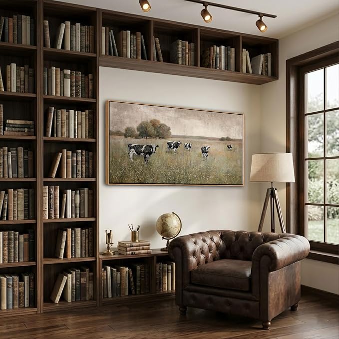 YDYSUNE Cow Pasture Wall Art - Rustic Landscape Canvas Print,Beige and Black Farm Animal Framed Picture,Grazing Cows Painting for Living Room Bedroom Country Kitchen Decor Artwork Size 24×48inch