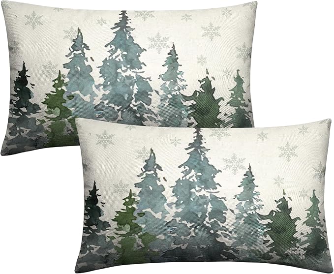 Watercolor Pine Tree Lumbar Pillow Covers 12x20 Winter Rustic Nature Forest Rectangle Pillow Covers Set of 2 Green Forest Woodland Cotton Linen Cushion Case for Couch Outdoor Living Room