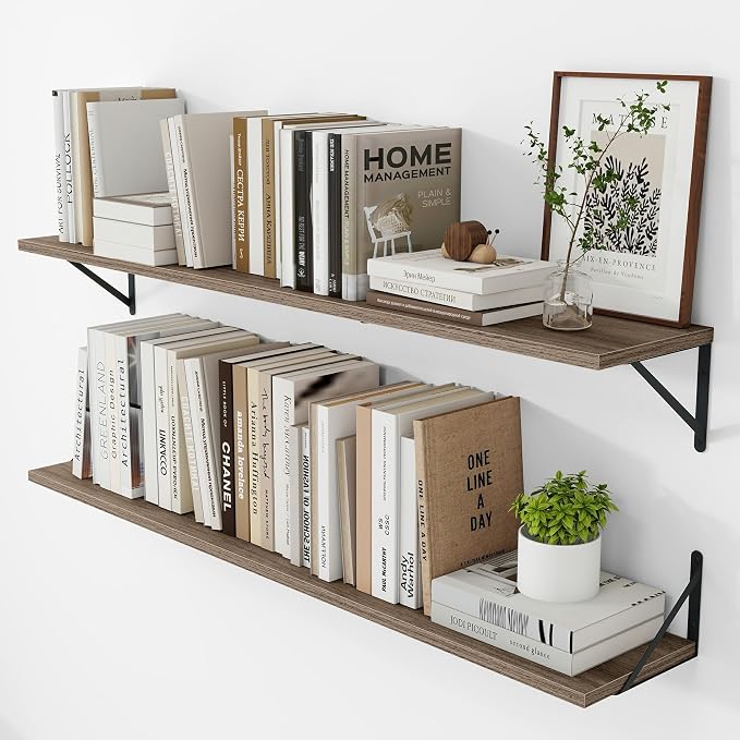 Vivelove Deep Floating Shelves for Wall, 48W x 8D Rustic Grey Wood Wall Shelves Set of 2, Large Floating Shelf for Living Room, Kitchen, Office, Bedroom and Decor Storage, with Metal Bracket - Grey