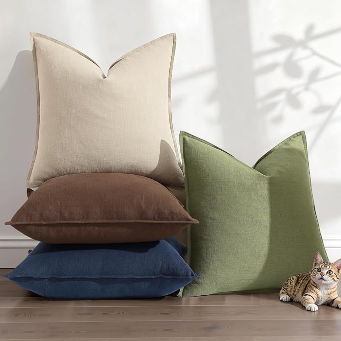 decorUhome Summer Decorative Linen Throw Pillow Covers 18x18 Inch Set of 2 Natural Beige Pillow Covers with Flange Edges Soft Farmhouse Boho Accent Pillow Cases for Couch Bed Living Room