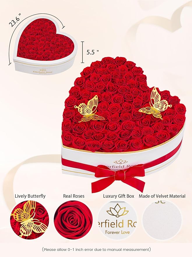 Eterfield 77 Forever Flowers in Heart Shape Box, Preserved Roses That Last a Year Preserved Flowers Birthday Gifts for Her Mom Women Wife Anniversary Valentines Day Mothers Day Christmas, Red