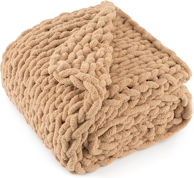 Chunky Knit Throw Blanket 50x60, 100% Handmade Chenille Yarn | 4.4lbs Soft Thick Cable Knitted Blankets, Large Rope Knot Crochet Throws for Couch Sofa Bed Machine Washable, Tan Brown