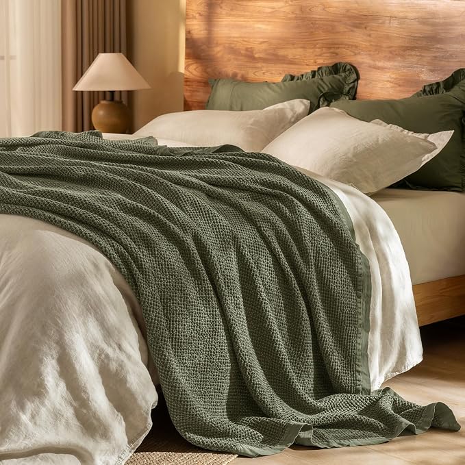 PHF Stone Washed 100% Cotton Waffle Blanket, Vintage Deep Honeycomb Texture, Breathable Thermal Blanket for Bed & Home Decor, All Season Layering - Queen, Moss