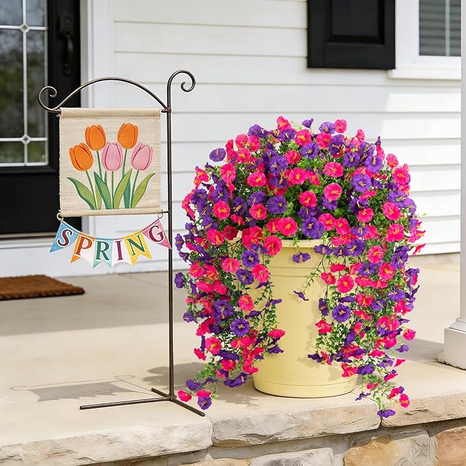 Fake Artificial Hanging Morning Glory Flowers for Outdoor Planters Porch Pation Decoration,2 Bundles UV Resistant Silk Faux Flowers with Realistic Eucalyptus Plants for Home Office Garden Decor