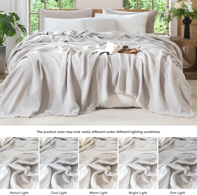 MooMee Muslin Blanket - 100% Cotton 4-Layer Gauze Throw Blanket with All-Around Fringe, Soft Breathable Lightweight Cooling Summer Blankets for Bed Couch (Light Grey,Throw XL 50" x 70")