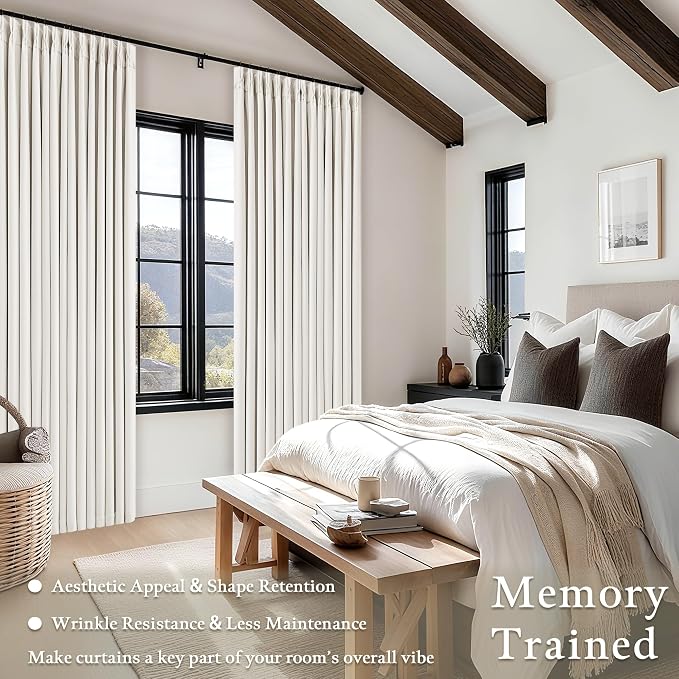 80 Inch Pinch Pleated Blackout Linen Curtains for Bedroom 2 Panels Memory Trained 100% Black Out Soundproof Living Room Darkening Window Curtains Double Layer Pinch Pleat Drapes Cream Ivory White