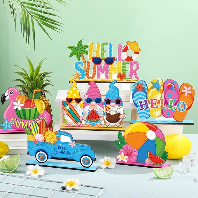 Cinnvoice 6 Pcs Summer Table Decorations Wooden Table Centerpieces Rustic Wood Tabletop Sign Decorations for Home Kitchen Office Farmhouse Desk Shelves Party Tiered Tray Decor