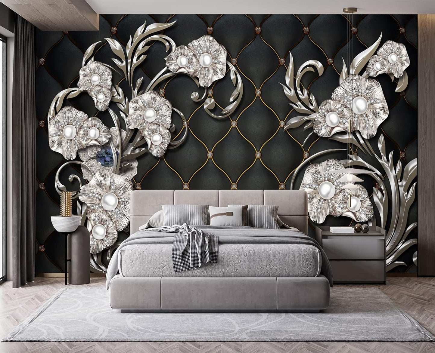 Black Hard Wrapped Pearl Embossed Flowers Wall Mural Wallpaper for Bedroom 103" x 69"