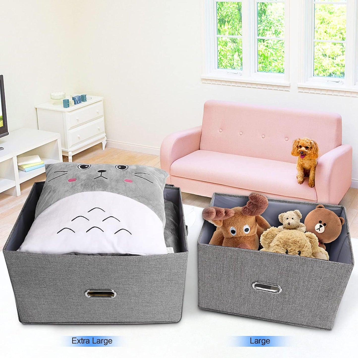 Large Linen Fabric Foldable Storage Bins with Removable Lid and Handles, Washable Storage Box Organizer Containers Baskets Cube with Cover for Bedroom,Office (Khaki, Extra Large(2-Pack))