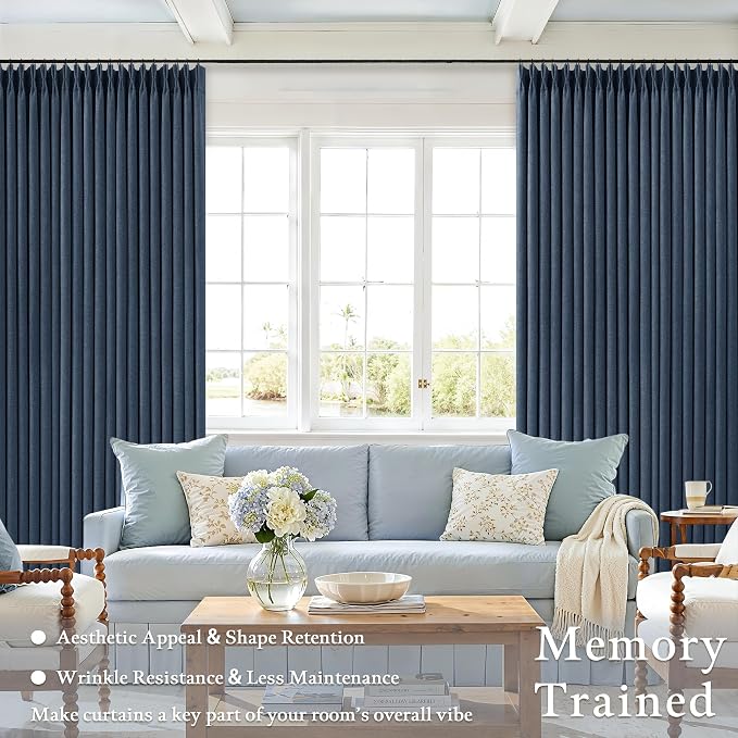 TWODRAPES 100 Inch Pinch Pleat Drapes Navy Blue Room Darkening Curtains 100 Inches Long for Bedroom Modern Neutral 100% Blackout Thick Linen Double Layer Pleated Curtain 2 Panels Set Home Decor