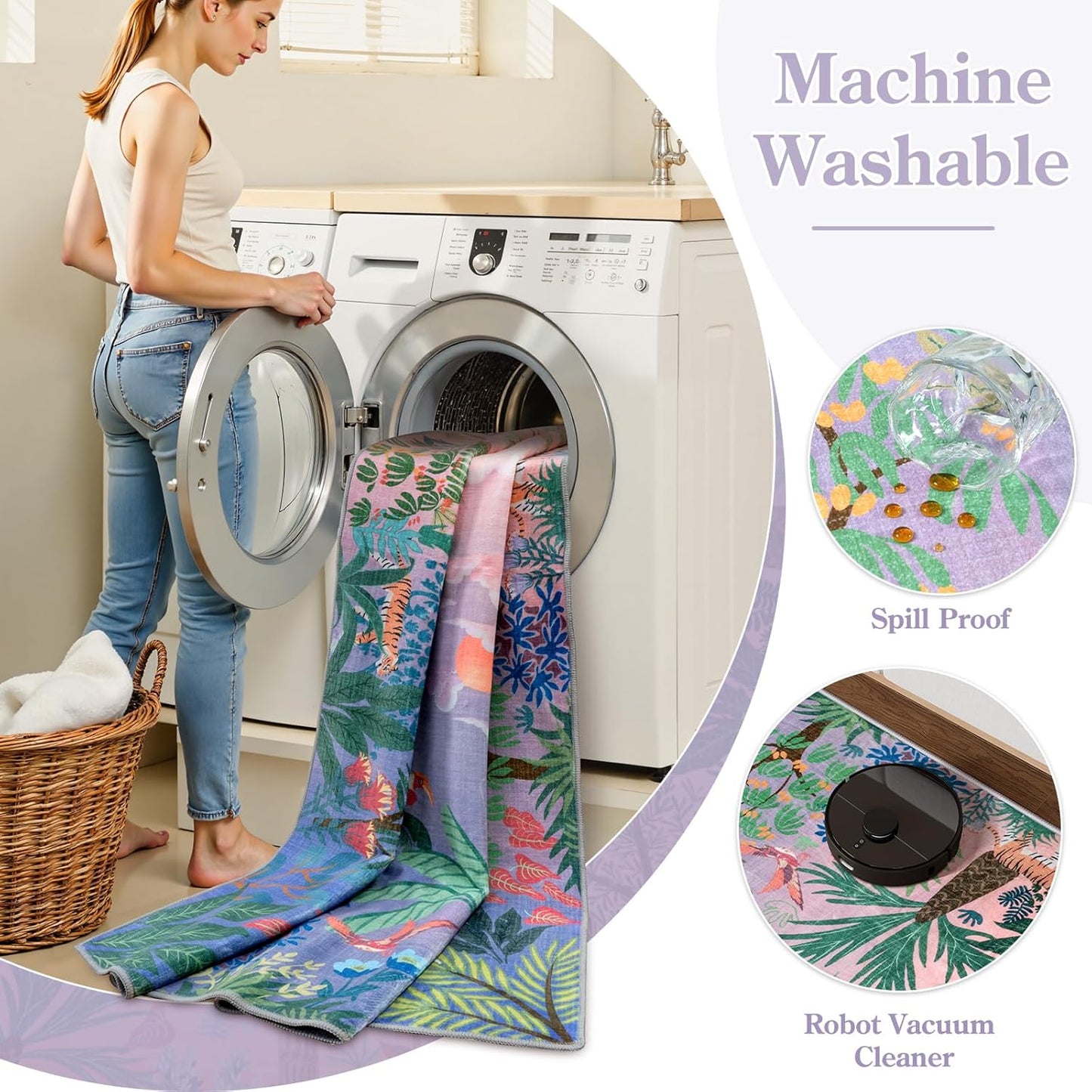 LIVEBOX Machine Washable Area Rugs 8x10 Lavender Girls Bedroom Rug, Soft Ultra-Thin Nursery Girl Carpet for Living Room, Jungle Purple Rugs for Girls Room, Lilac Rug for Nursery Room