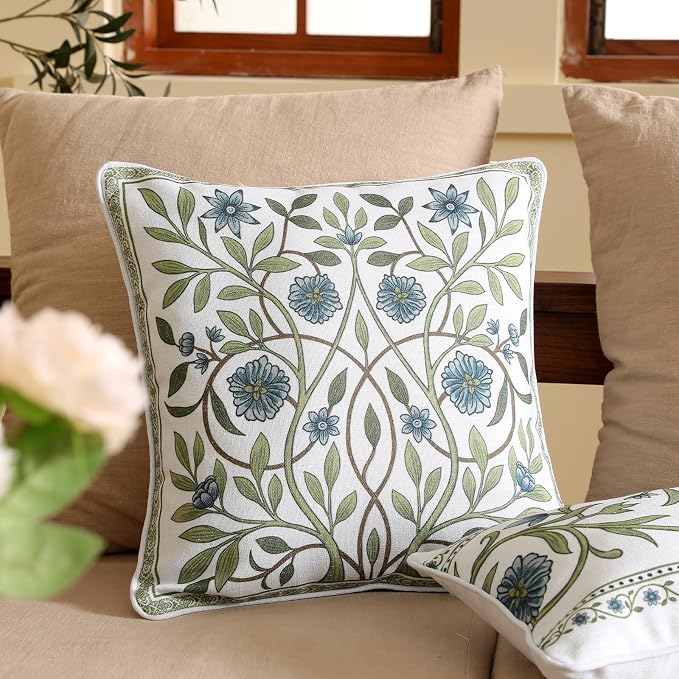 ISAENNE Designer Vintage Linen Throw Pillow Cover,18"x18"-Mosella A | French Elegant Square Decor Pillow Cover,Concealed Zipper Design,Floral Pattern,Sofa,Bedroom,Living Room,Lounge Chairs