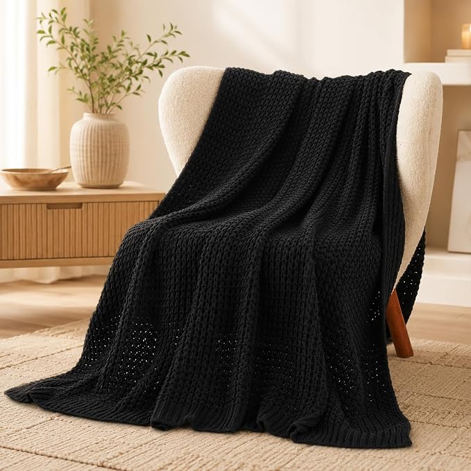 Bunnikins & Clover Black Waffle Knit Throw Blanket, Cozy Stylish Black Blanket for Sofa Bedroom, Home Decor, 50"x60"