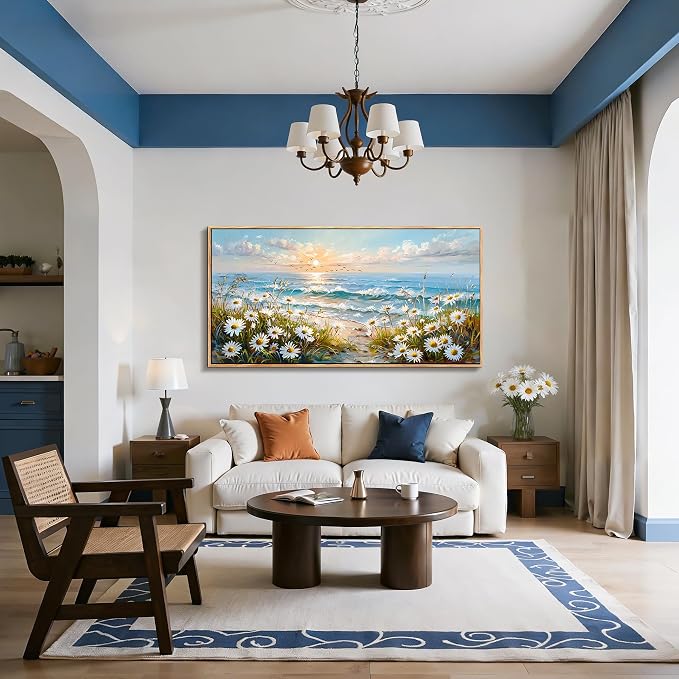 imjiayu Beach Wall Art, Oversized Wall Art, Coastal Wall Decor, Large Landscape Framed Art, Nature Seaside Painting Prints, Beachy Daisy Pictures for Living Room Dining Room Office Farmhouse 29"x57"