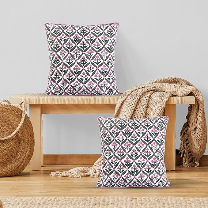 Ridhi Block Print Pink and White Pillow Cover 18" x 18" (Pack of 2) Decorative Couch Pillows for Living Room, Chic Boho Cute Outdoor Pillows Covers Gifts for Spring, Easter and Valentine