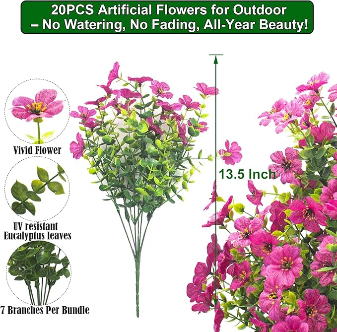 Grunyia 20 Bundles Artificial Flowers for Outdoors, UV Resistant Fake Plants Flowers Greenery Shrubs Plants for Decoration Outside Plants Hanging Planter Home Garden Decor (Rose Red)