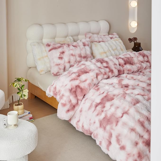 Simple&Opulence Fluffy Faux Fur Comforter Set, Plush Fuzzy Minky Bedding Set, 3 Pieces Warm Soft Comforter Bedding Set for Winter - 1 Shaggy Comforter with 2 Pillow Shams(King, Pink)