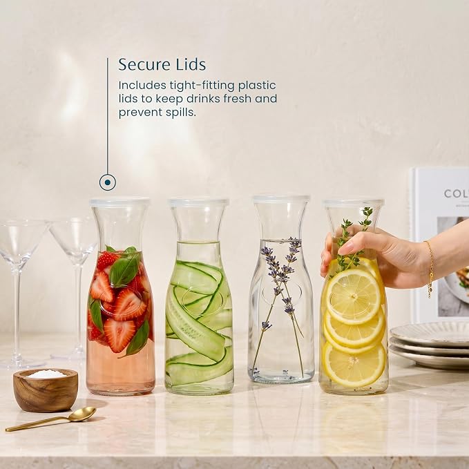 Kook Mini Glass Carafes with Lids, Small Beverage Pitchers for Fridge, Jugs for Water, Wine, Milk, Juice, 24 oz, Set of 4