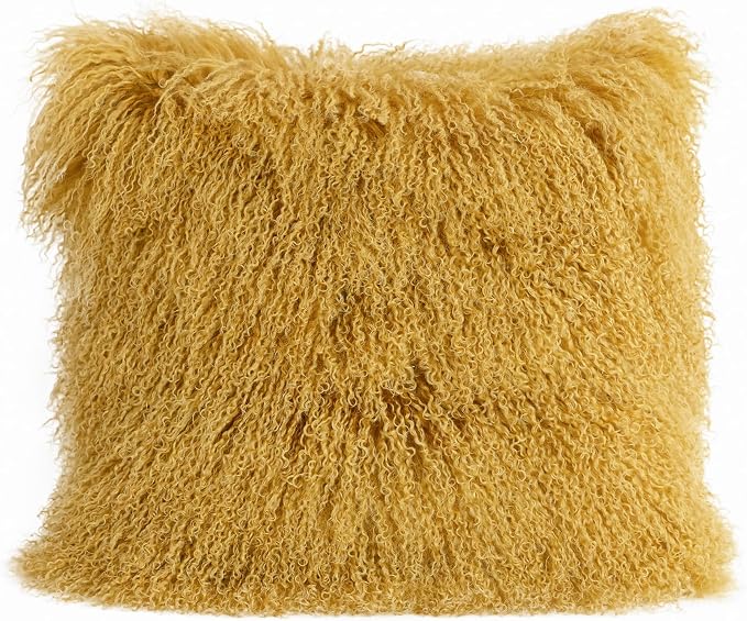 MOOX Mongolian Lamb Fur Pillow Covers Lumbar Throw Sheepskin Pillow Case Genuine Wool Fur Tibetan Accent Living Room Bedroom Decorative Cushion Cover (18 * 18inch Gold)