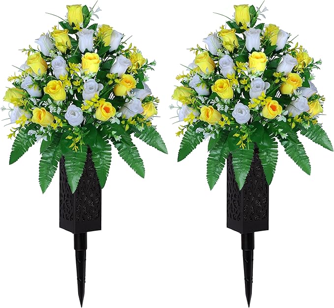 LVXINLI Artificial Cemetery Flowers, Gravesite Decoration Roses, Memorial Bouquets with Cemetery Vase, Vibrant and Long-Lasting Colors (Yellow+White, 2 Bundles)