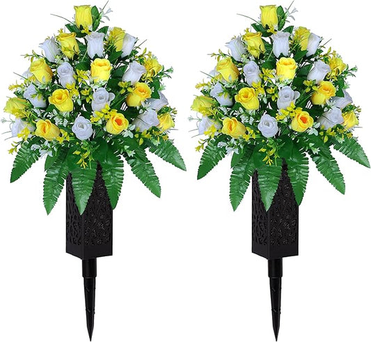 LVXINLI Artificial Cemetery Flowers, Gravesite Decoration Roses, Memorial Bouquets with Cemetery Vase, Vibrant and Long-Lasting Colors (Yellow+White, 2 Bundles)