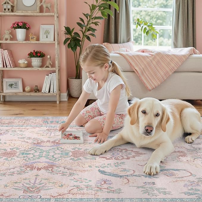 DCX 9x12 Pink Vintage Floral Rug, Machine Washable Non Slip Low Pile Carpet for Girl’s Bedroom, Nursery, Dorm, Kid & Pet Friendly Soft Stain Resistant Rug