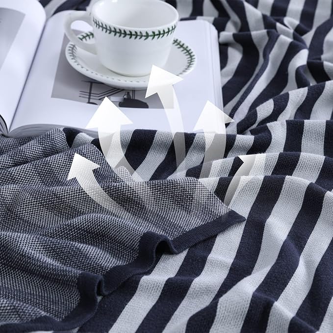 BOV Knit Light Blanket for Summer - 100% Viscose Super Soft Breathable Comfy Decorative Throw Blanket for Chair Couch Sofa Bed, Perfect Self Care Gifts for Women & Men, Onyx & Silver Stripe 50"x60"
