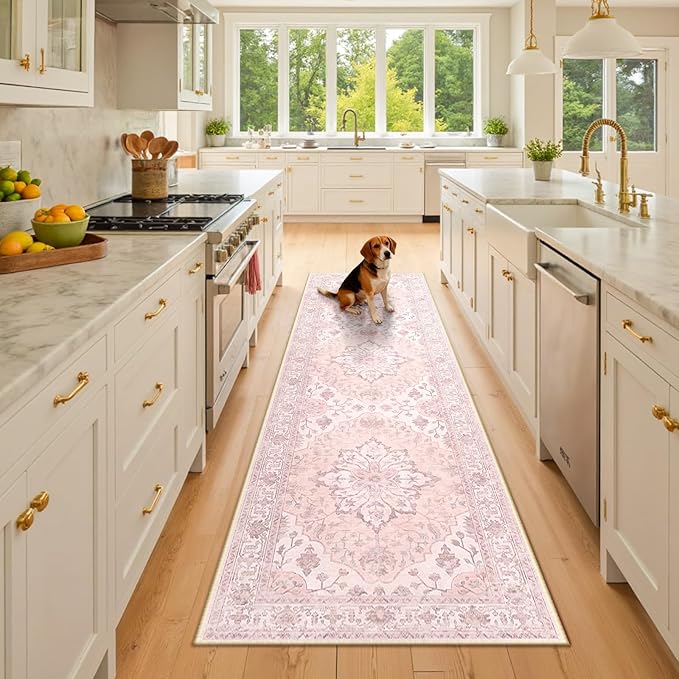 RELEANY Area Rugs 2'6''x8' Runner Rug Non Slip Washable for Kitchen Hallway Bedroom Beside Laundry Room Bathroom Rug, Floor Carpet, Pink Greypink Cute