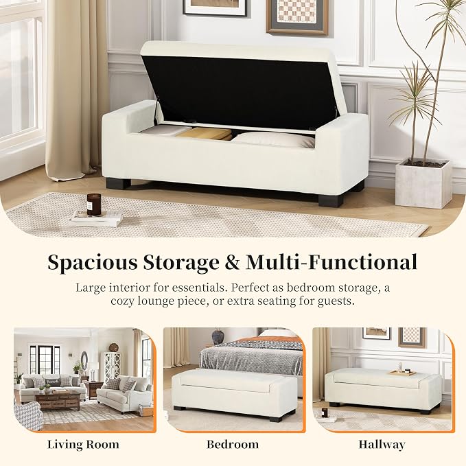 Christopher Knight Home Storage Ottoman, Upholstered Storage Bench, Foot Rest Stool Chair, End Side Table, Modern Fabric Seating Ottoman, Toy Box Organizer for Bedroom, Living Room, Entryway, White