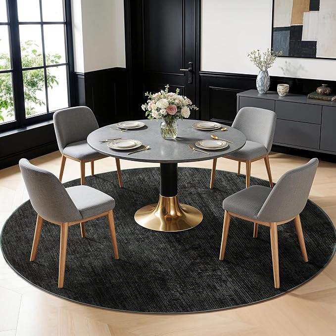 LIANLAM 6 FT Washable Rug, Black Solid Round Rugs for Living Room & Bedroom | Stain-resistant & Non-slip backing,Low Pile Washable Large Carpet, Solid Vintage Style For High Traffic Areas(6 FT,Black)