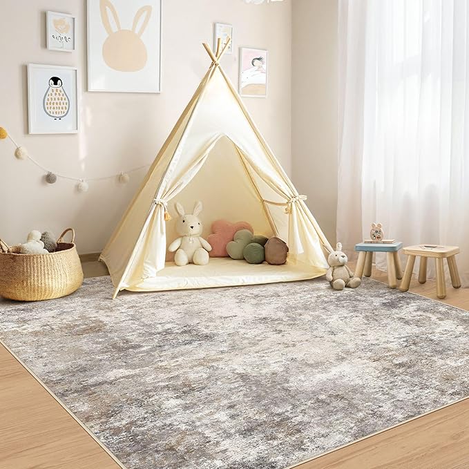 UERMEI Square Area Rugs : Washable 6x6 Neutral Modern Abstract Carpet for Living Room Bedroom - Soft Floor Mat with Non Slip Backing for Kitchen Nursery Dorms Farmhouse Home Decor - Brown Grey