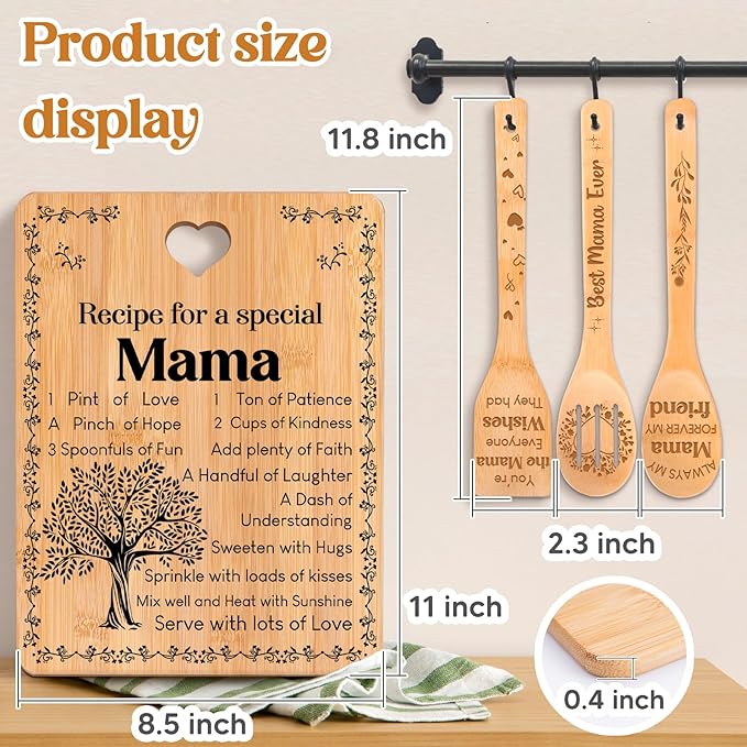 Mama Gifts - "Recipe for a Special Mama" Mama Gifts for Women Cutting Board Set, Bamboo-Made Engraved Utensil Set Gifts for Mama Cutting Board, Mothers Day Gifts for Mama.