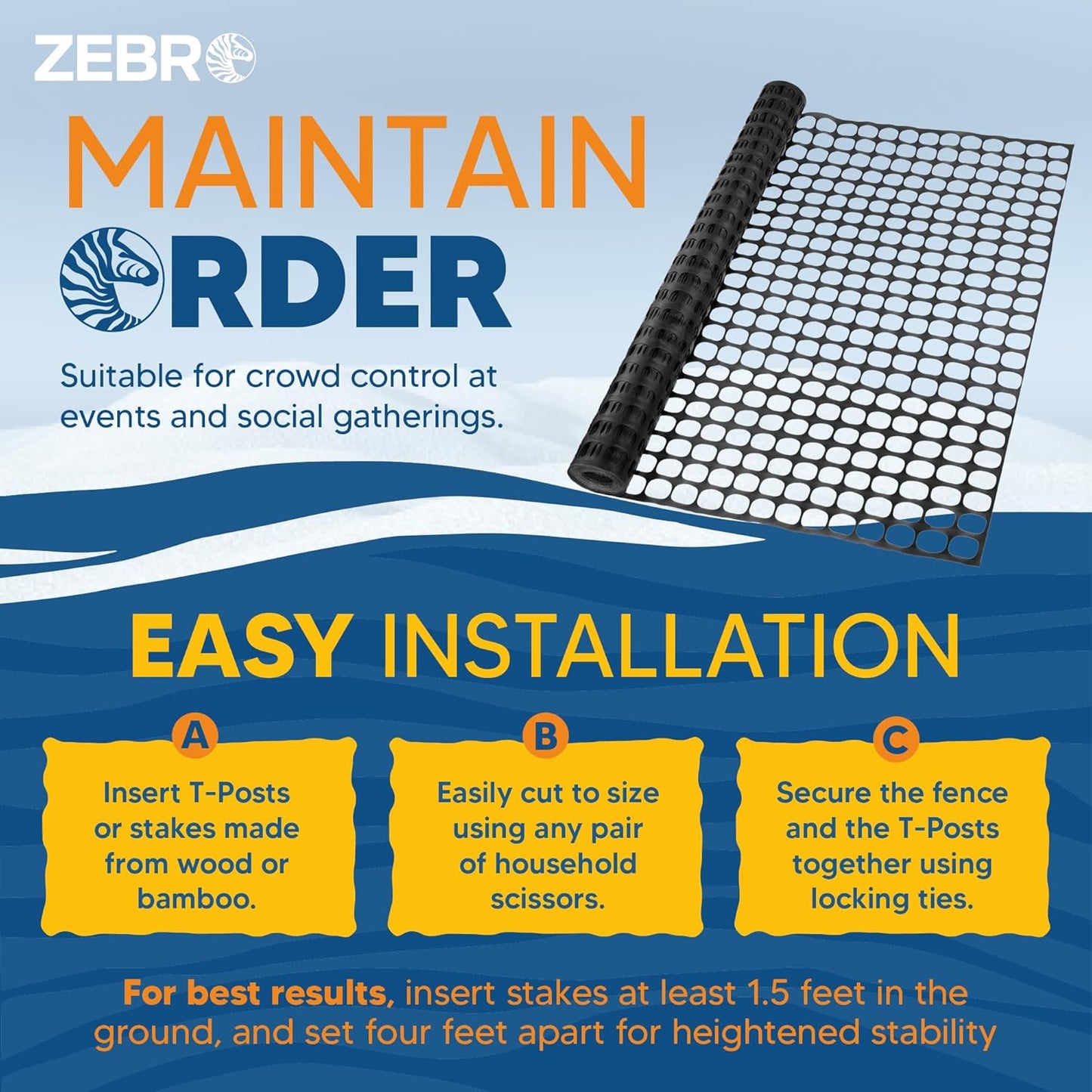 ZEBRO 4' x 50' Black Plastic Garden Fence Roll – Light Duty Mesh Fencing for Temporary Fence, Snow, Garden Netting, Animal Barrier, Agricultural Fencing & Lawn Protection