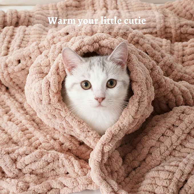 Battilo Chunky Knit Throw Blanket for Couch, 50"x60", Pink | Hand Knit, Gift Blanket for Girls, Women, Cozy Warm Thick Soft Chenille Throw Blanket for Chair, Sofa, Living Room