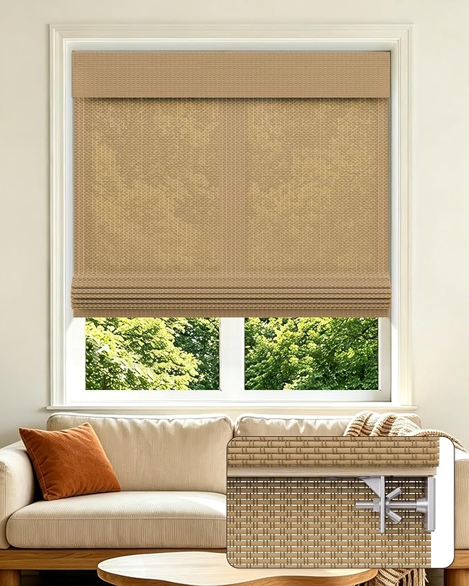 Allesin zen No Drill Cordless Bamboo Roman Shades, Light Filtering 31.5" W x 48" H, Brown