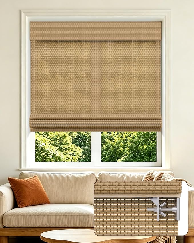 Allesin zen No Drill Cordless Bamboo Roman Shades, Light Filtering 34" W x 48" H, Brown