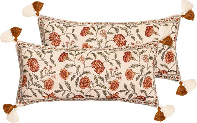 ISAENNE French Linen Rectangle Throw Pillow Cover,Set of 2,28"x12"-Albano A | Designer Vintage Pillow Cover,Concealed Zipper Design,Orange Floral Pattern,Sofa,Bedroom,Living Room,Lounge Chairs