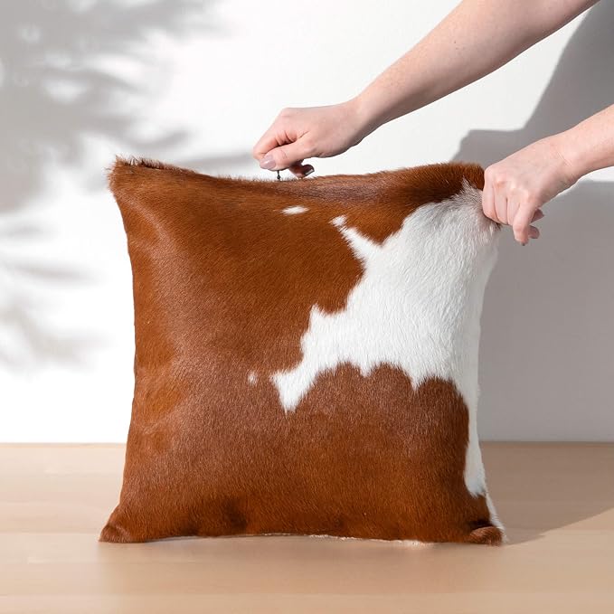 ecowhides 100% Genuine Brazilian Cowhide Pillow Cover – Brown and White – Single-Sided – Luxury Leather Decorative Cushion for Rustic & Western Home Décor – 15” x 15”