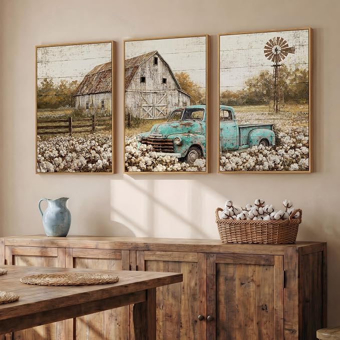 Set of 3 Framed Farmhouse Wall Art for Living Room, Large Vintage Barn Horizontal Landscape Canvas Prints, Rustic Retro Truck Cotton Field Wall Decor for Bedroom Dining Room Office Hallway 20x30 Inch