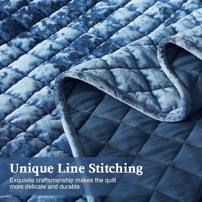 Cosybay Luxury Velvet Quilt Set King, Lightweight Oversized Bedspread Coverlet Quilted Box Stitch Bedding Set, with 2 Matching Pillow Shams, for All Season, Dusty Blue