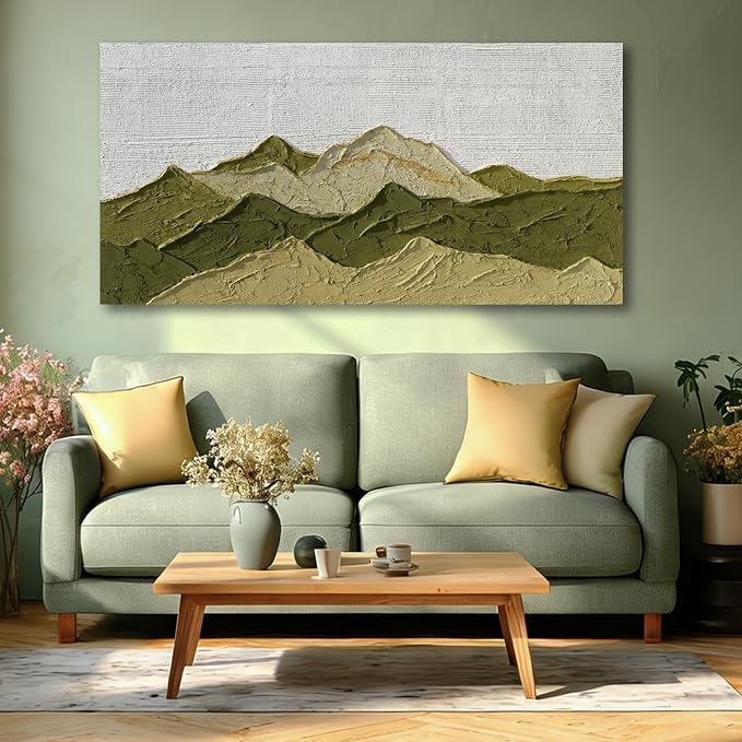 Dolidoteart Green Beige White Mountain Wall Art, Hand Painted Oil Painting on Canvas, Large Landscape Wall Decor for Living Room Bedroom Office, Horizontal 24x48 Inch